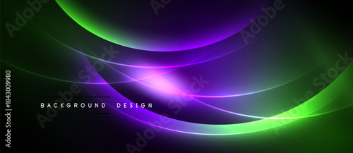 Abstract background features flowing curves, vibrant green, purple hues. Dynamic light effects create modern design element.