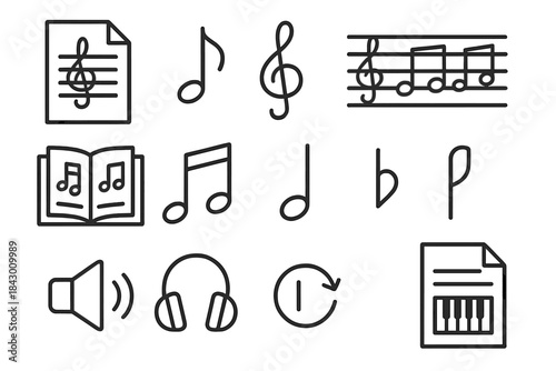 Music symbols linear icon set. featuring note, treble clef, sheet music, tempo, headphones, and audio icons