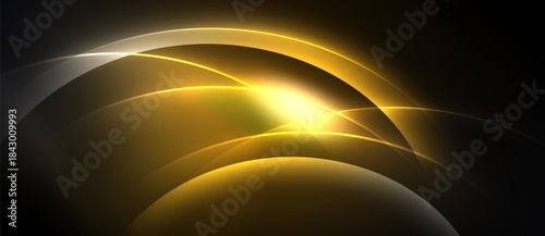 Abstract golden light curves radiate from bright center. Dark background emphasizes glowing shapes, creating dynamic visual effect.