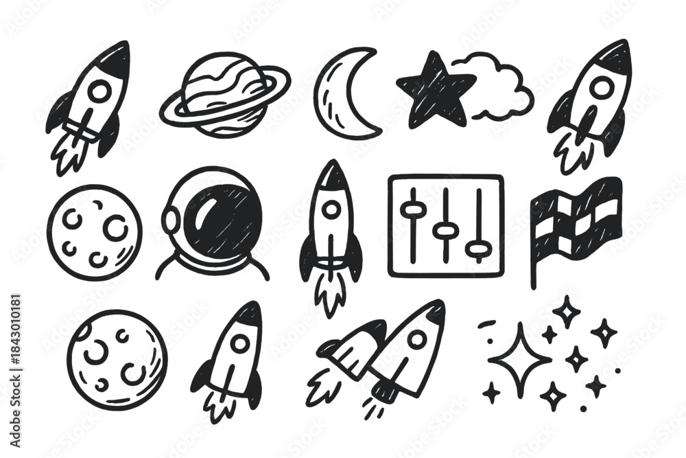 Obraz premium Space adventure silhouette icon set. rocket, planet, helmet, crescent moon, star, cloud, flag, stars, control panel