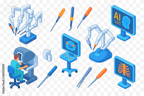 Medical technology isometric icon set. featuring robot, screen, scalpel, joystick, ai, and x-ray symbols