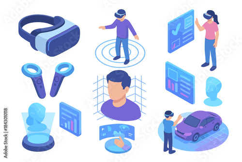 Virtual reality isometric icon set. featuring headset, user interaction, data analysis, avatars, and simulations