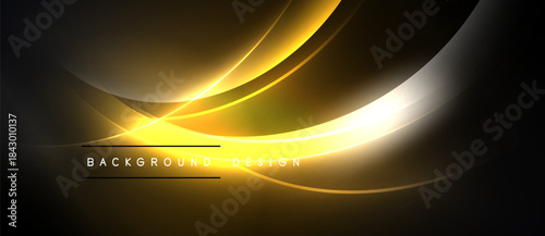 Abstract golden waves over black background. Smooth curves create dynamic, elegant visual effect. Text reads background design.