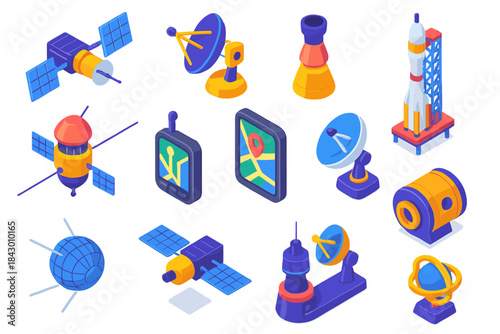 Space exploration isometric icon set. featuring satellite, rocket, telescope, planet, radar, and gps symbols