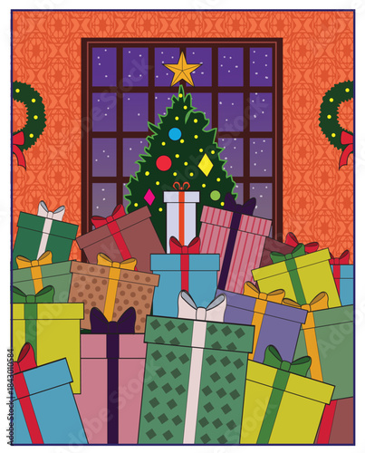 A pile of gifts blocking the view of a Christmas tree.