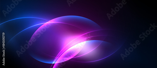 Abstract glowing shapes overlap, creating vibrant blue, purple light effect. Dark background emphasizes luminosity, modern design.
