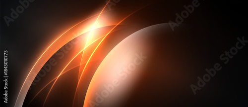 Abstract design features glowing orange lines, curves, light burst against dark background. Modern, dynamic composition.