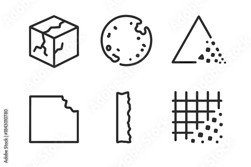 Decaying Geometry Icons. Line style icons of Decaying Geometry: fractured cube, corroded circle, chipped plane, fading triangle,