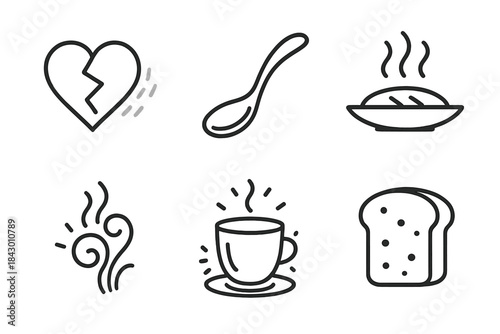 Culinary Icon Memories. Line style icons of Culinary Memory: fading flavor mark, curved spoon, steaming dish, nostalgic scent,