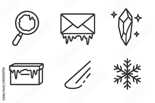 Icy Nostalgia Icons. Line style icons of Icy Nostalgia: frosted lens, frozen letter, shimmering shard, cold memory box, pale light