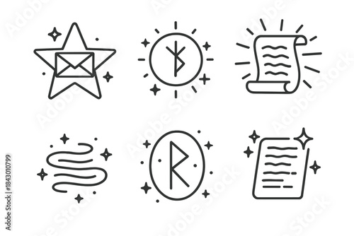 Celestial Script Icons. Line style icons of Celestial Scripts: star-shaped letter, glowing glyph, radiant scroll, floating phrase,
