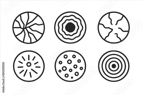 Shattered Calm Icons. Line style vector icons of Shattered Calm: cracked glass, rippling voids, soft fractures, echo rings, muted