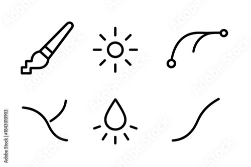 Ink Interface Icons. Line style icons of Ink Interface: pixel brush, glowing dot, curved draw line, luminous curve, radiant