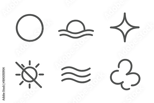 Light Haze Icons. Line style icons of Light Haze: glowing line, curved sun wave, soft shimmer, faded glow, radiant mist, gentle