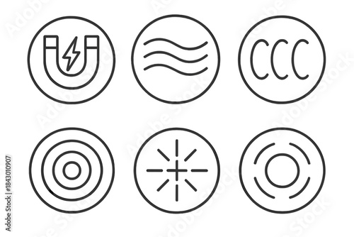 Electric Comfort Icons. Line style vector icons of Electric Comfort: magnetic charge, gentle flow, curved rays, heat circles,