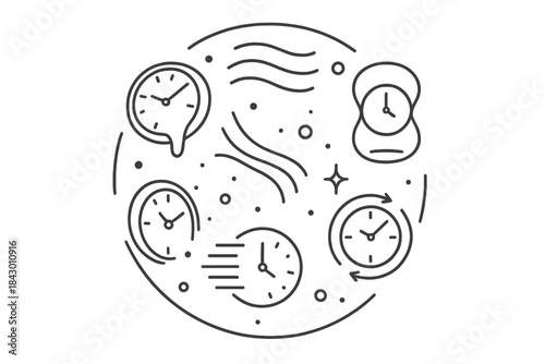 Temporal Silence Icons. Line style vector icons of Temporal Silence: soft clocks, curved lines, suspended moments, glowing dots,