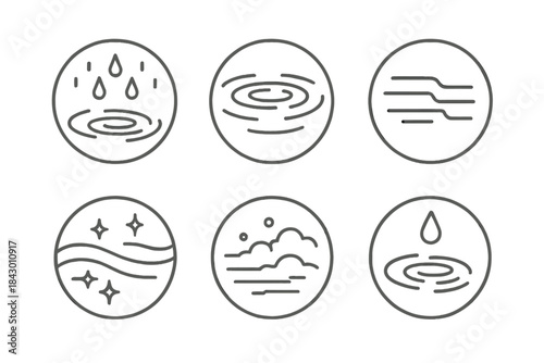 Whispering Rain Icons. Line style vector icons of Whisper Rain: light droplets, moving ripples, soft trails, glowing waves, subtle