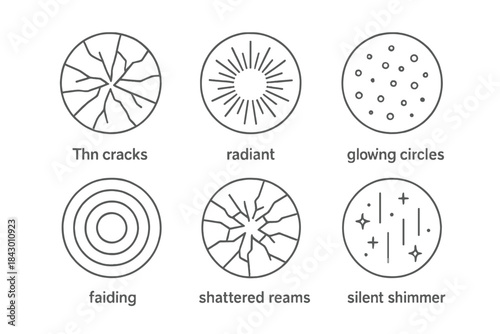 Splintered Light Icons. Line style vector icons of Splintered Light: thin cracks, radiant breaks, glowing dust, fading circles,