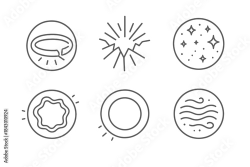 Luminous Fractured Glow. Line style vector icons of Fractured Glow: cracked halos, glass beams, shimmering dust, luminous edges,