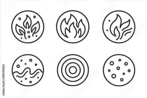 Fire Memory Icons. Line style vector icons of Dream Correspondence: glowing pages, air spirals, floating text, mist rings, curved