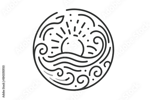 Drowned Light Icons. Line style vector icons of Drowned Light: fluid lines, sun fragments, curved dust, glowing haze, fading arcs,