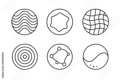 Living Patterns Icons. Line style vector icons of Living Patterns: breathing lines, fluid polygons, wave grids, radiant spheres,
