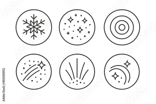 Arctic Glow Icons. Line style vector icons of Arctic Glow: radiant snowflakes, luminous dust, circular waves, frozen motion, soft