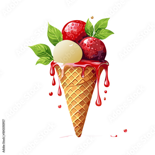 Summer Treat: Delicious Ice Cream Cone with Strawberry and Vanilla Flavors, Drizzled with Sweet Syrup