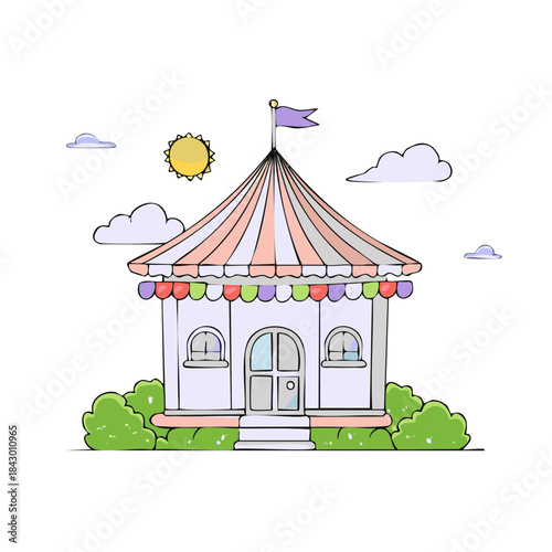 Whimsical Hand Drawn House with Striped Roof and Festive Bunting, Illustration