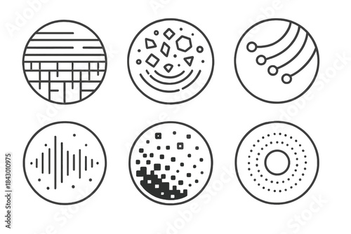 Technological Sediment Icons. Line style vector icons of Technological Sediment: buried grids, glowing fragments, curved circuits,