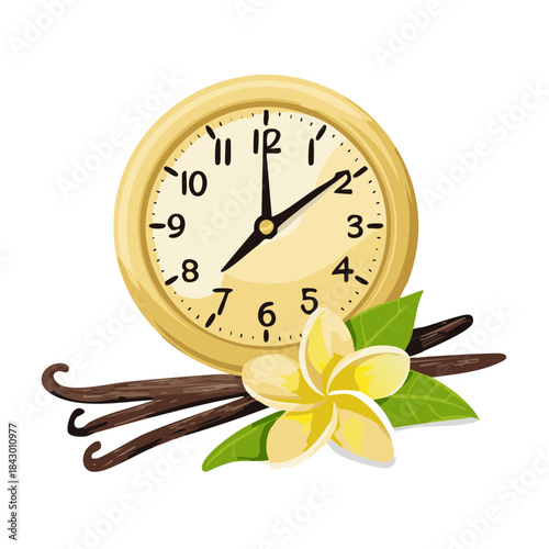 Vanilla Infusion: Analog Clock Displaying Seven o'clock with Vanilla Bean and Flower Combination in a Timeless Reminder