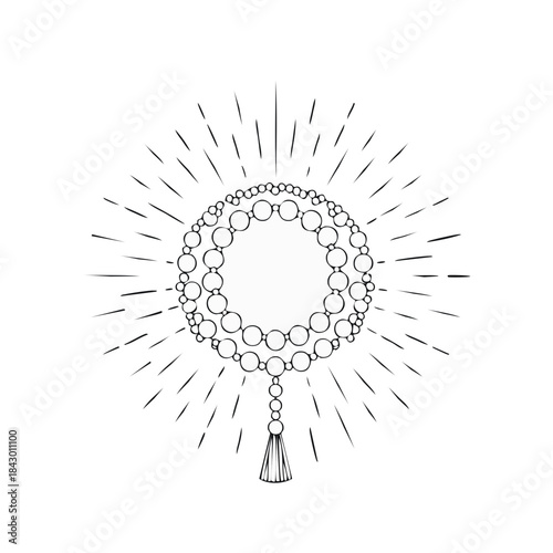 Outline Illustration of Prayer Beads with Radial Sunburst Ornamentation Design