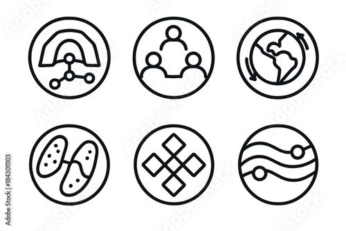 Prehistoric Network Icons. Line style round vector icons of Prehistoric Networks: cave node, tribal connection, earth current,