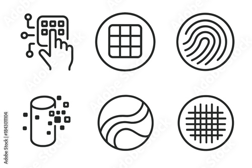 Tactile Data Icons. Line style round vector icons of Tactile Data: touch code, smooth grid, finger pattern, clay pixel, curved
