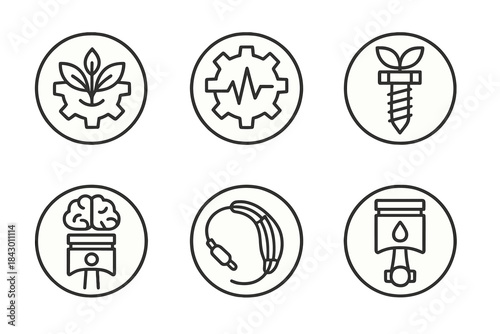 Bio Mechanics Icons. Line style round vector icons of Bio Mechanics: organic cog, pulse gear, living screw, neural piston, muscle
