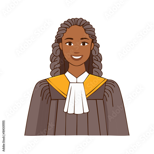 Woman wearing judicial robe smiles confidently while standing portrait illustration