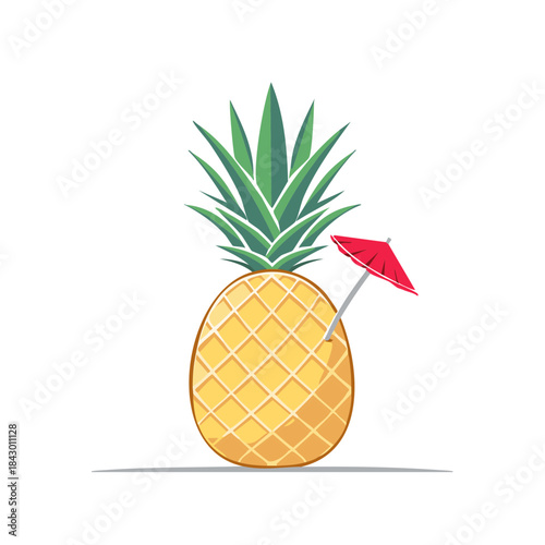 Stylized pineapple fruit with a red cocktail umbrella summer vacation party invitation design concept for greeting cards and vector based illustration