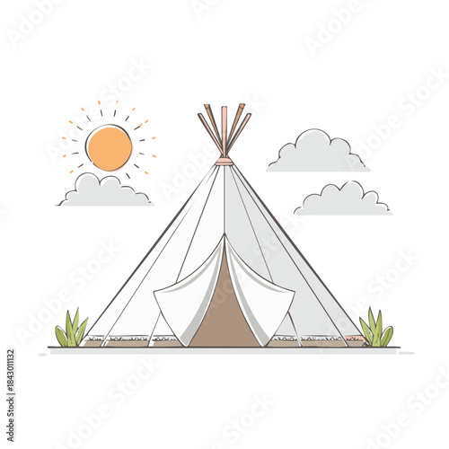 Minimalist Tepee Camping Illustration With Sun And Clouds, Outdoor Adventure Icon, Cartoon Drawing