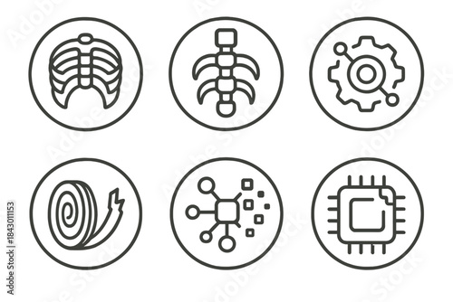 Machine Remnants Icons. Line style round vector icons of Machine Remnants: steel skeleton, mechanical rib, core gear, fading node,