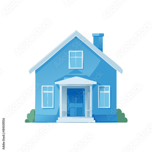 Cartoon house illustration blue exterior with porch and chimney for real estate or property design