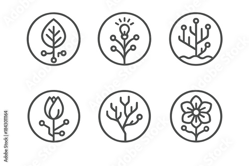 Cyber Organic Icons. Line style round vector icons of Cyber Organics: bio circuit, luminous stem, digital coral, hybrid bud,