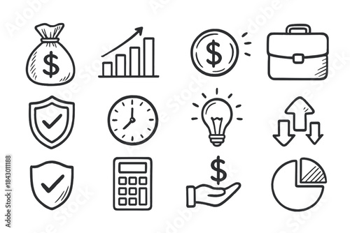 Business and finance linear icon set. featuring money bag, chart, coin, briefcase, shield, and more