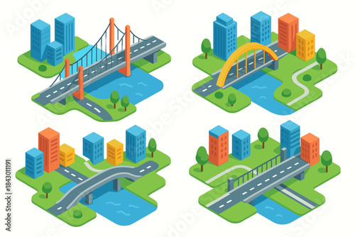 Cities and bridges isometric icon set. featuring cityscape, bridge, river, buildings, road, and park elements
