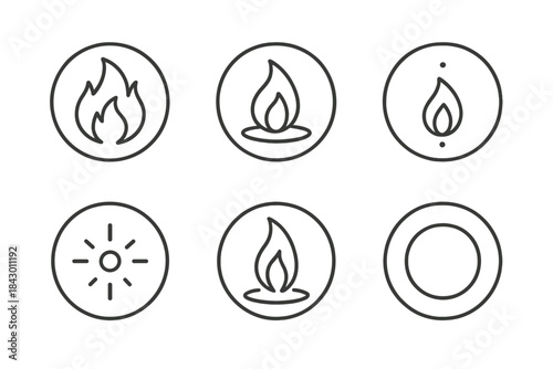 Silent Fire Icons. Line style round vector icons of Silent Fire: calm blaze, quiet glow, suspended ash, smooth flame, dim spark,