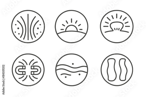 Radiant Poles Icons. Line style round vector icons of Radiant Poles: energy field, curved horizon, glowing line, luminous magnet,
