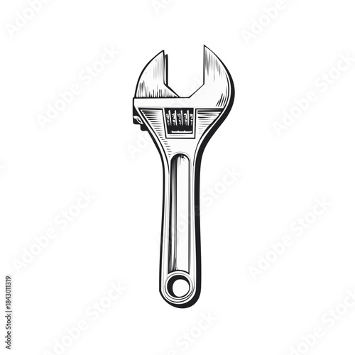 Illustration of an adjustable wrench, depicted in a monochrome hand-drawn style, suitable for design and decoration purposes.