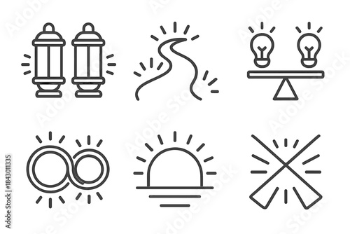 Dual Glow Icons. Line style round vector icons of Dual Glow: paired lanterns, luminous path, balanced light, twin halos, glowing