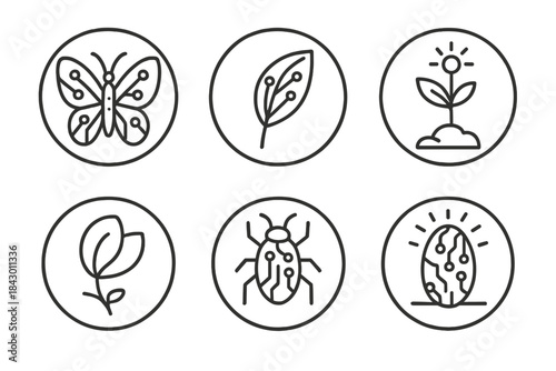 Cyber Nature Icons. Line style round vector icons of Cyber Nature: wired butterfly, metal leaf, glowing stem, robotic petal,
