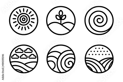 Recursive Landscape Icons. Line style round vector icons of Recursive World: repeating sun, echoing hill, duplicated tree, spiral