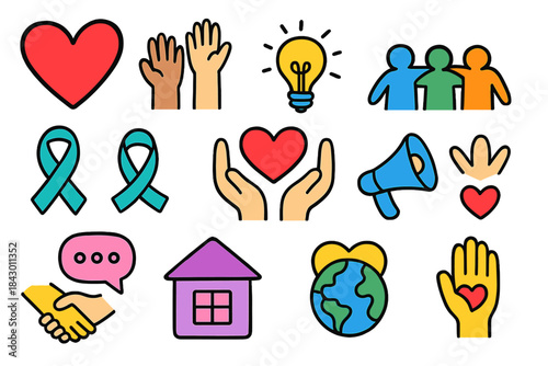 Charity and support flat icons set. featuring heart, hands, lightbulb, ribbon, people, megaphone, and home symbols